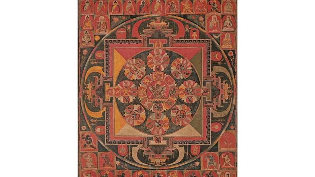 „Chemchok Heruka Mandala“, druhá polovina 12. století, Tibet. Minerální pigmenty na bavlně; 97 x 76 cm. (Sbírka Michaela J. a Beaty McCormickových)